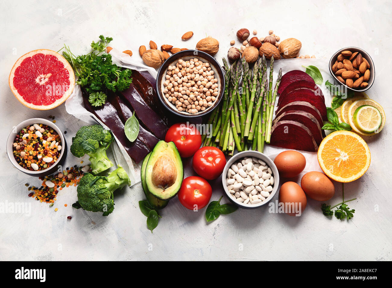 Foods high in vitamin B9. Healthy food, sources of folic acid. Top view ...