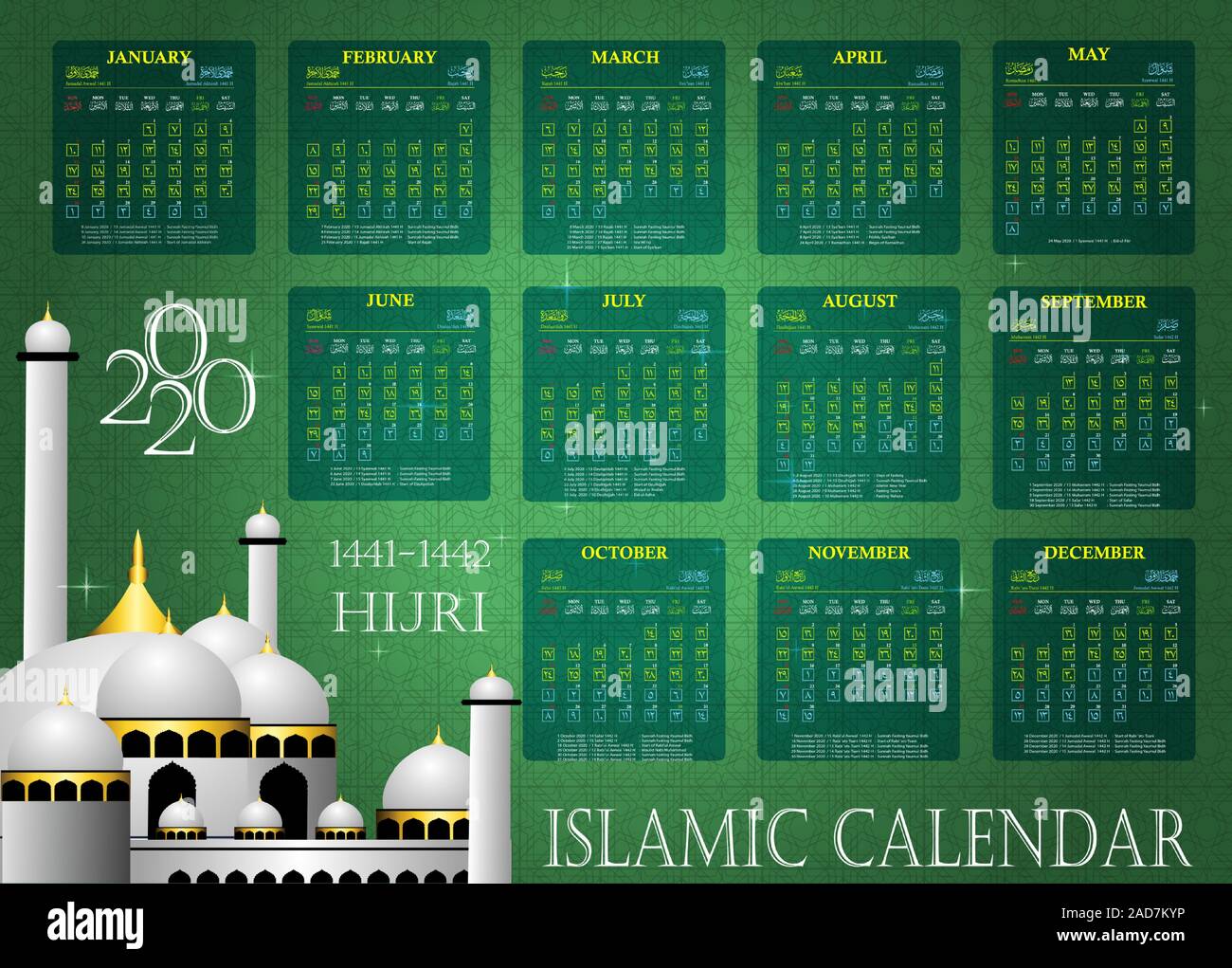 islamic calendar 2020, 14411442 hijri calendar Stock Vector Image
