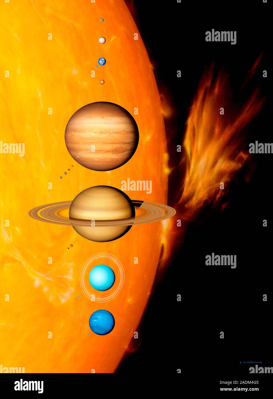 Sun and its planets. Artwork of the eight planets of the solar system ...