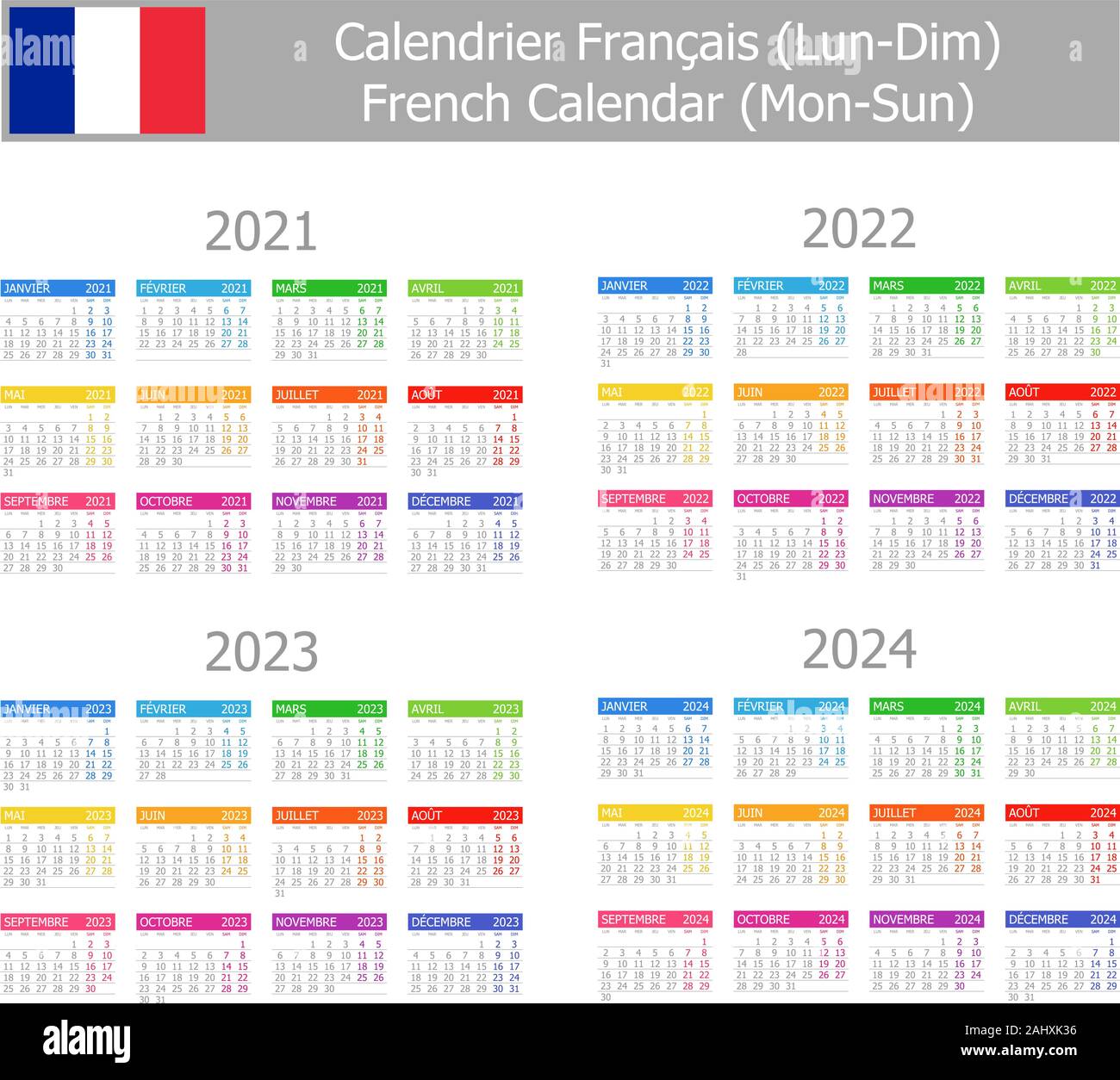 20212024 French Type1 Calendar MonSun on white background Stock