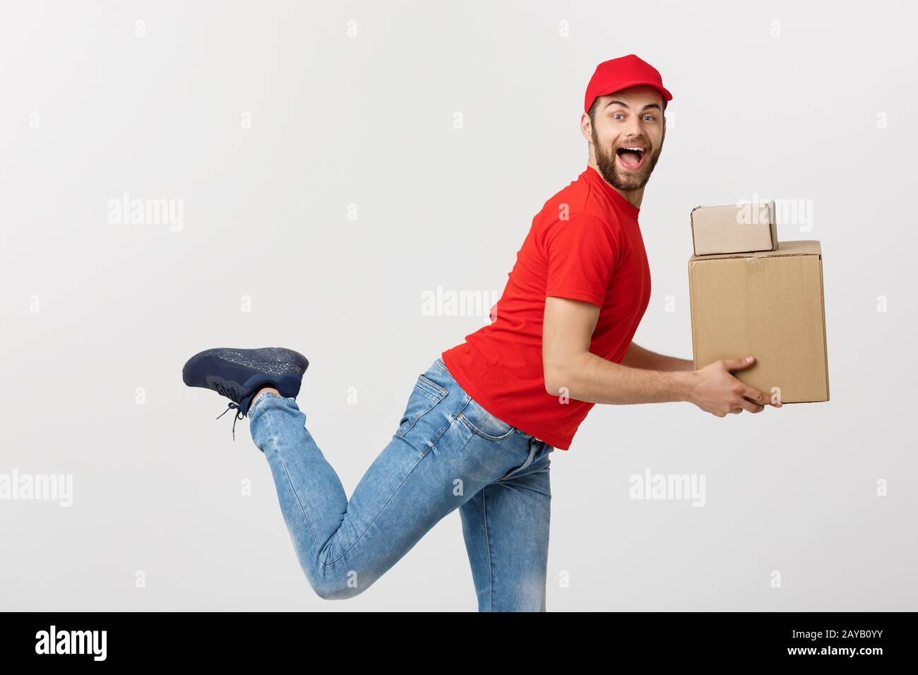 Delivery Concept Handsome Caucasian Delivery Man Rush Running For Delivering A Package For