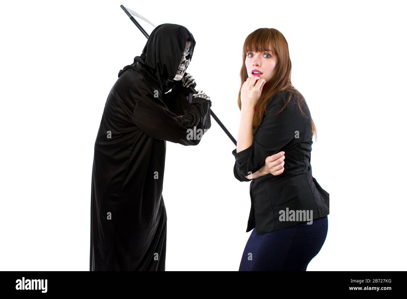 Scared Businesswoman Paranoid Of Catching A Deadly Disease Represented By The Grim Reaper She