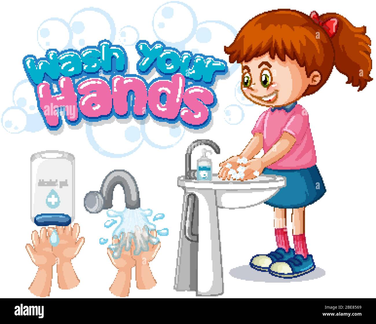 Wash your hands poster design with girl washing hands illustration ...