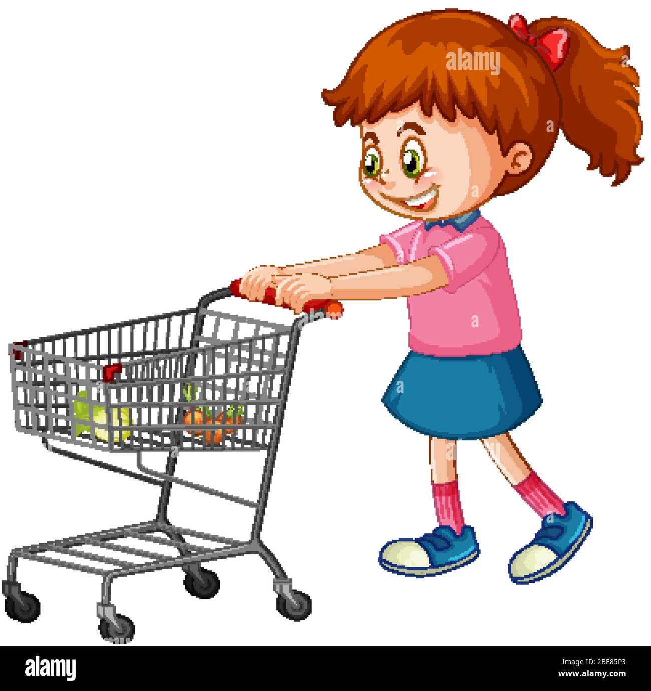 Girl pushing shopping cart with groceries illustration Stock Vector ...