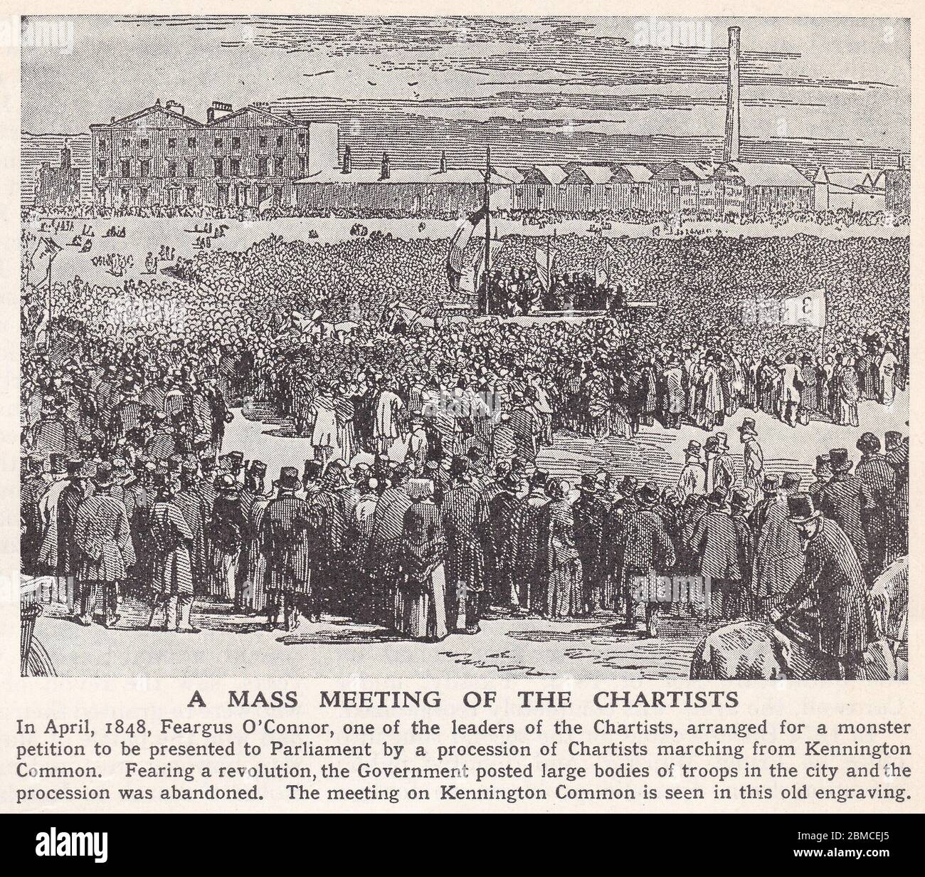Vintage 1800s Engraving Of A Mass Meeting Of The Chartists Kennington Common London Stock 