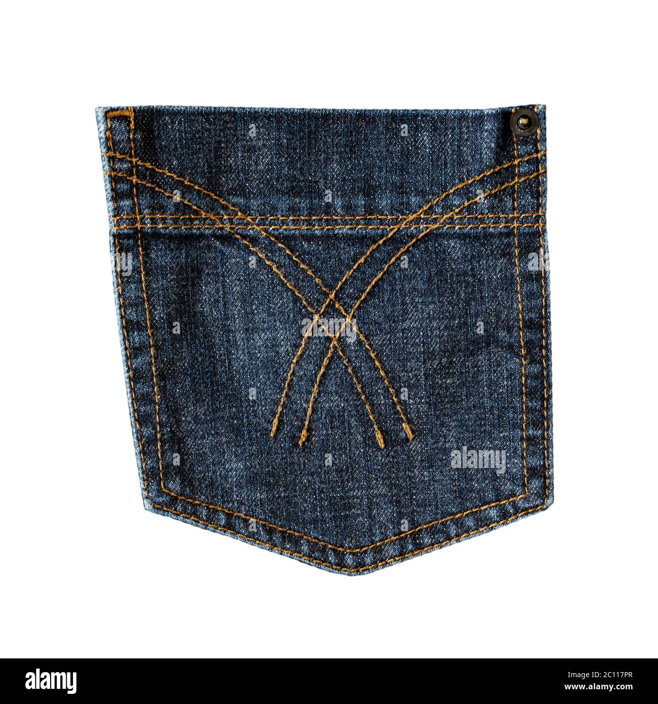 Dark blue jeans back pocket isolated on white background. Closeup of ...