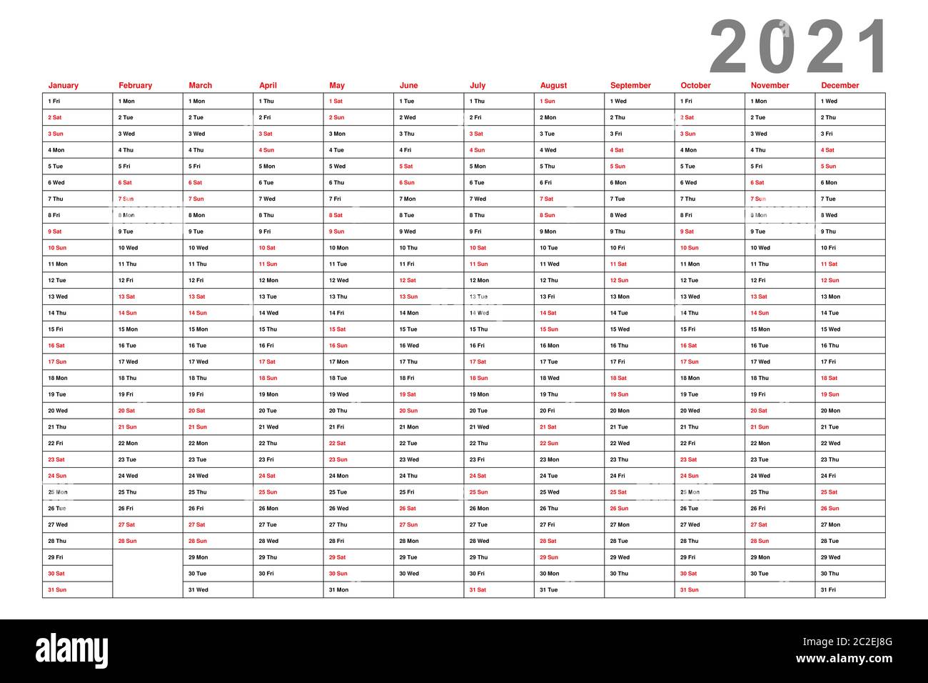 Year 2021 Annual Calendar Stock Photo Alamy