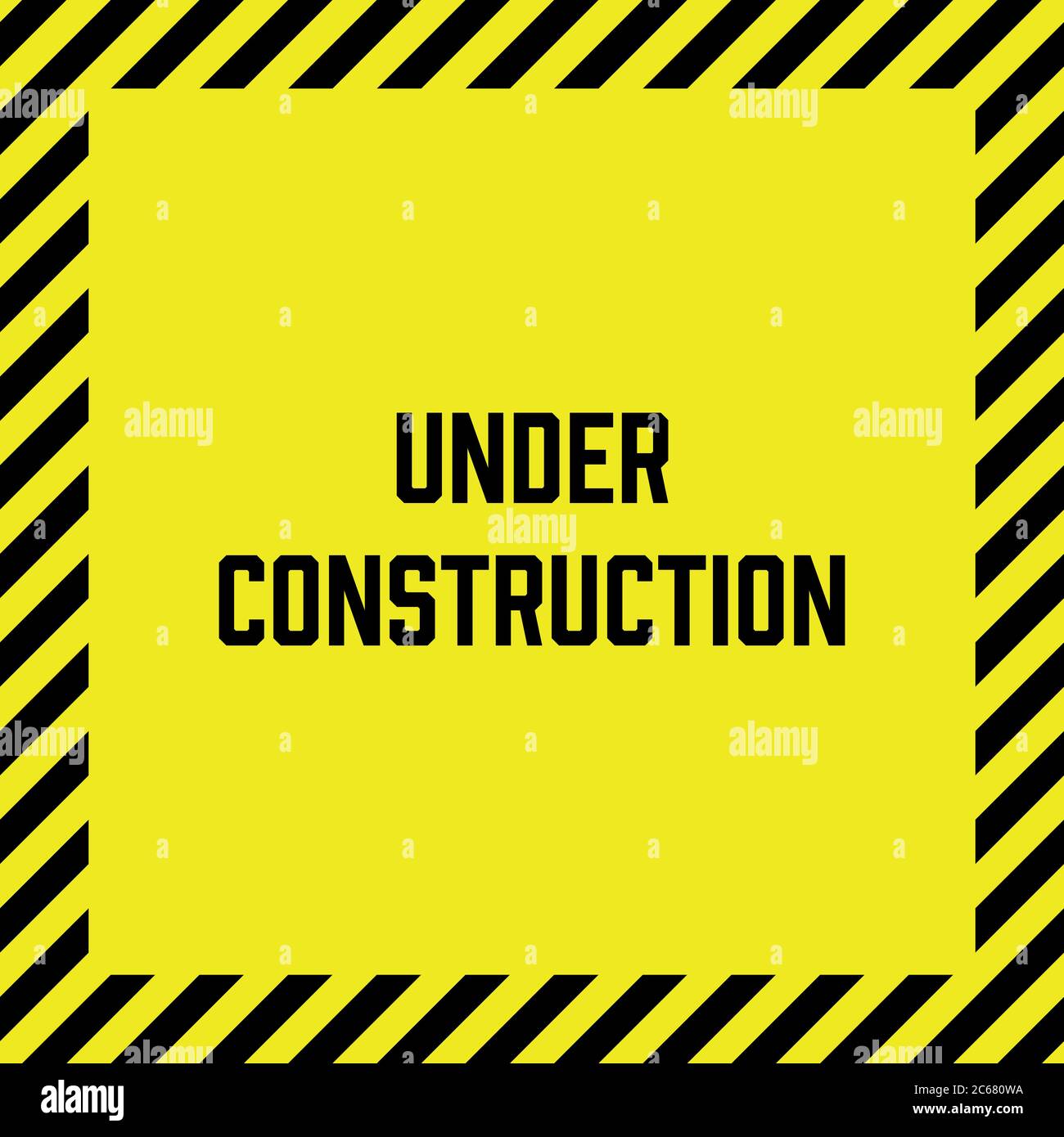 Under construction label with yellow and black striped frame. Square ...