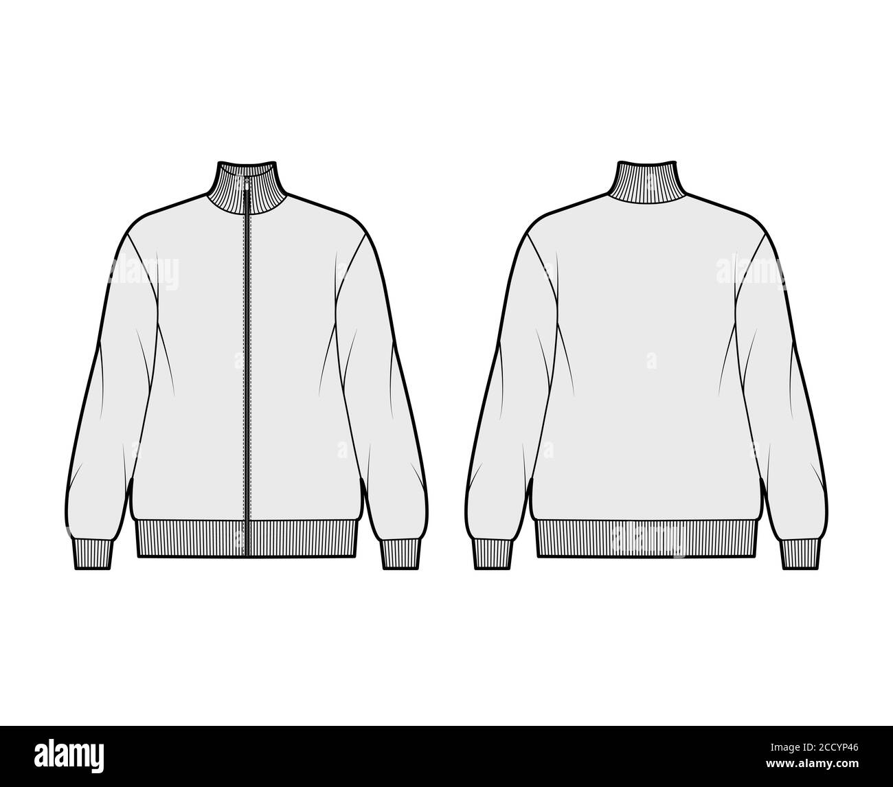 Oversized long-sleeved zip-up sweatshirt technical fashion illustration ...