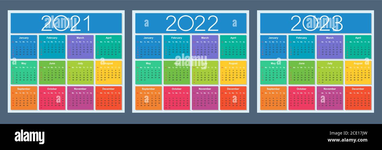 Colorful Calendar For 2021 2022 And 2023 Years Week Starts On Sunday