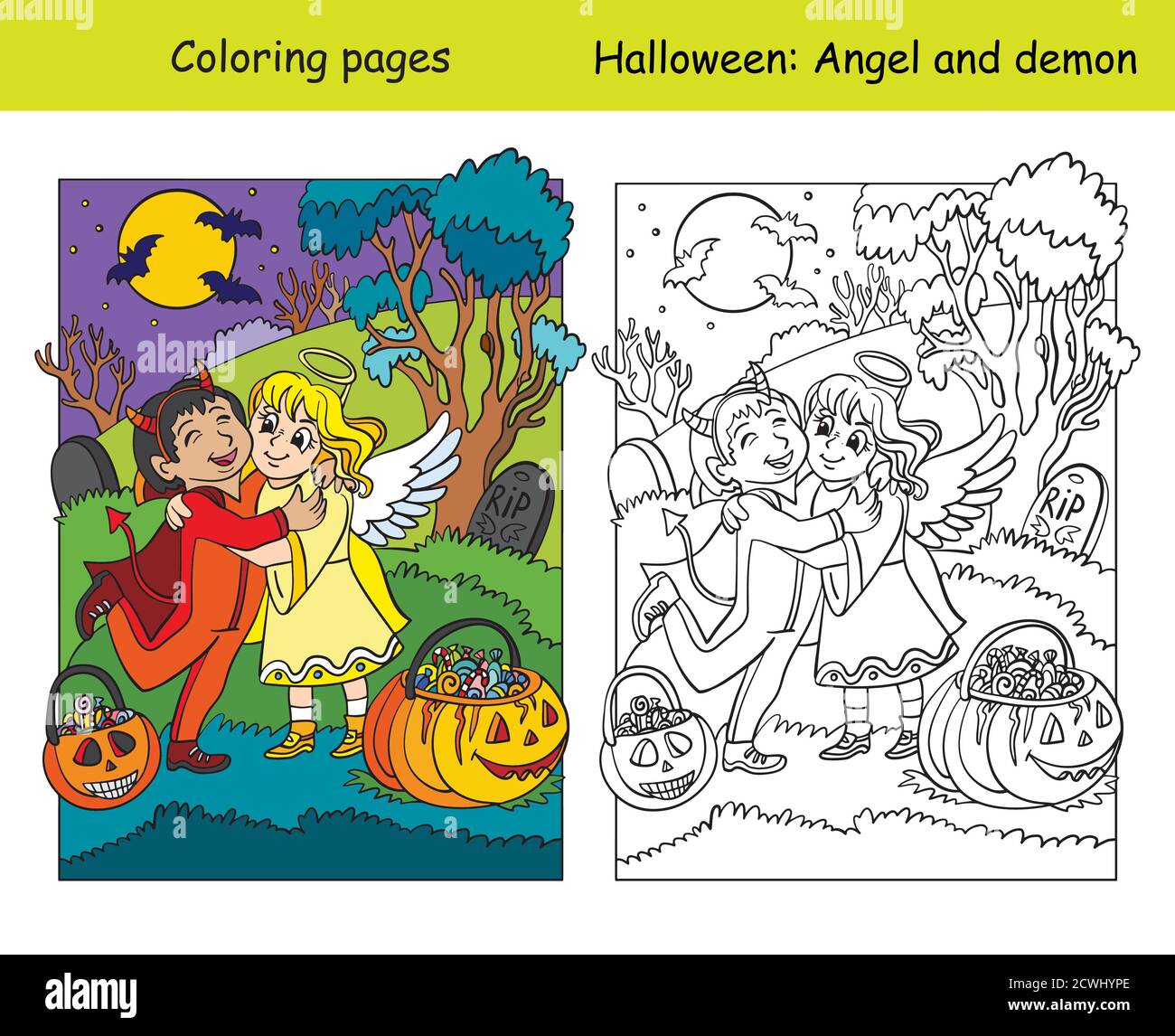 Coloring with colored example Halloween angel and demon Stock Vector ...