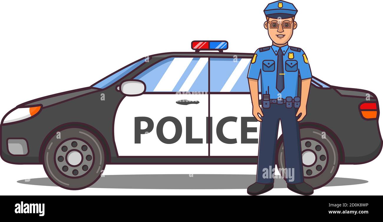 Police officer cartoon character. Police car side view Stock