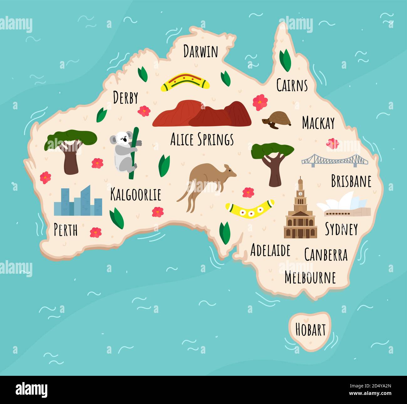 Cartoon Map Of Australia Travel Illustration With Australian Landmarks Buildings Food And Plants Funny Tourist Infographics National Symbols 2D4YA2N 