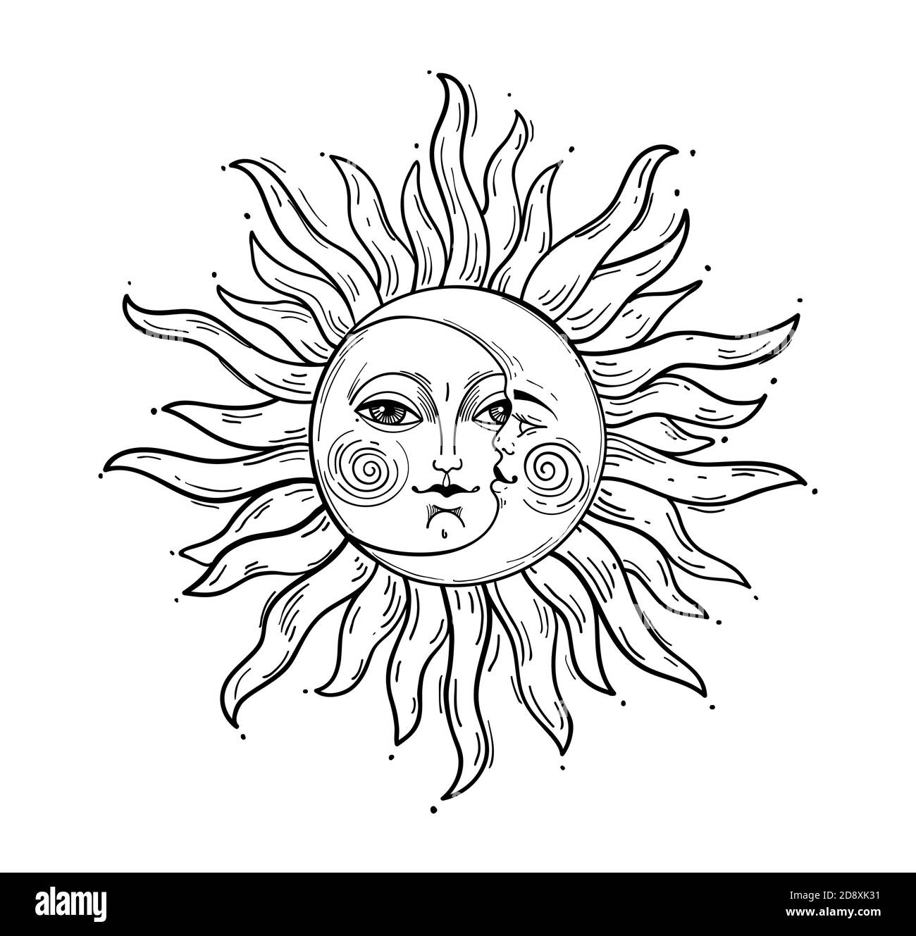 Bohemian Hand Drawing Esoteric Sketch Engraving Stylization Sun And