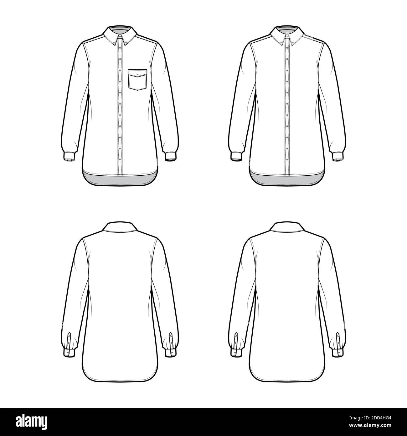 Set of Shirt button-down technical fashion illustration with angled ...