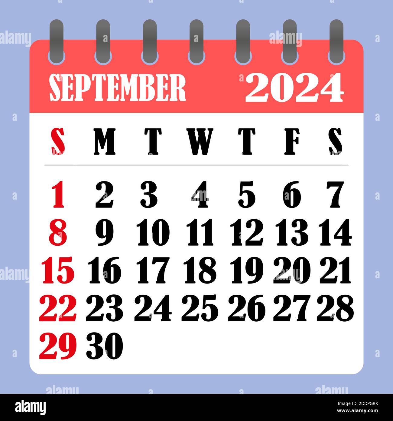 Letter calendar for September 2024. The week begins on Sunday. Time