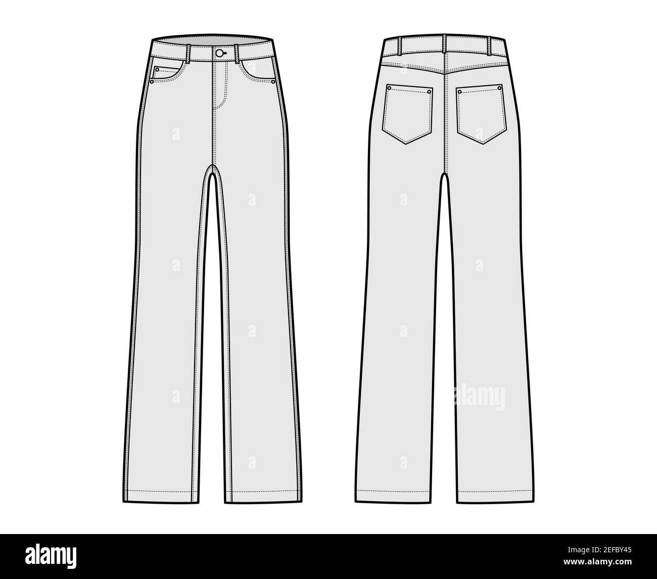 Jeans Denim pants technical fashion illustration with full length, low ...