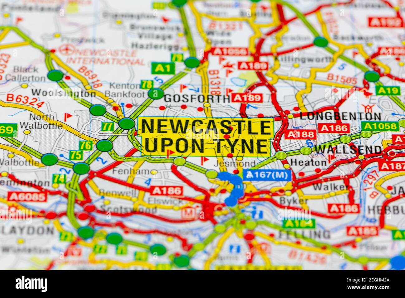 Newcastle Upon Tyne And Surrounding Areas Shown On A Road Map Or Geography Map 2EGHM2A 