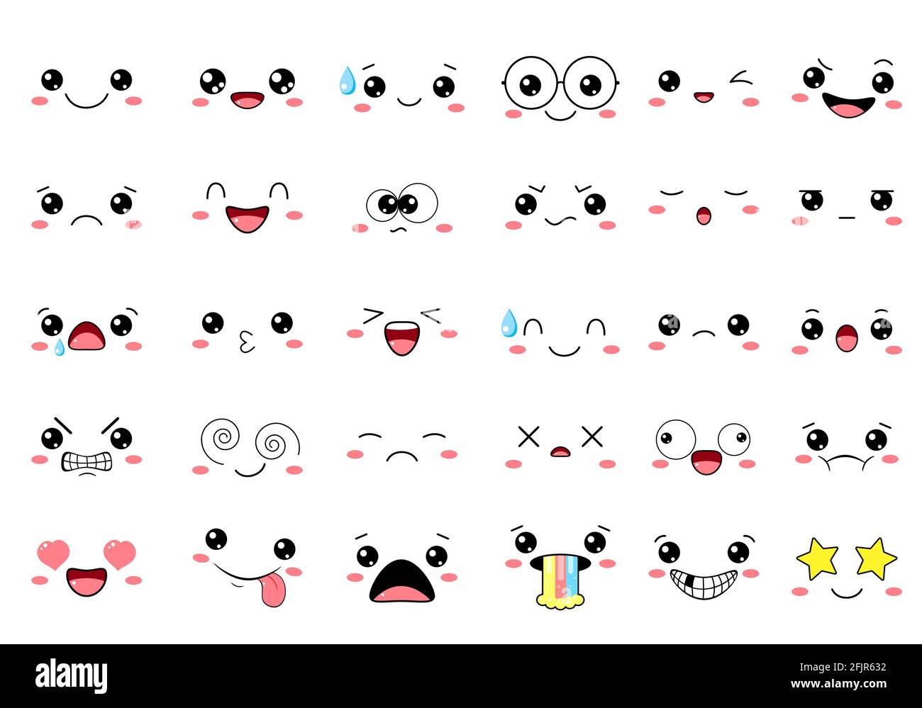 Collection of kawaii emoticons with different mood. Set of cute cartoon ...