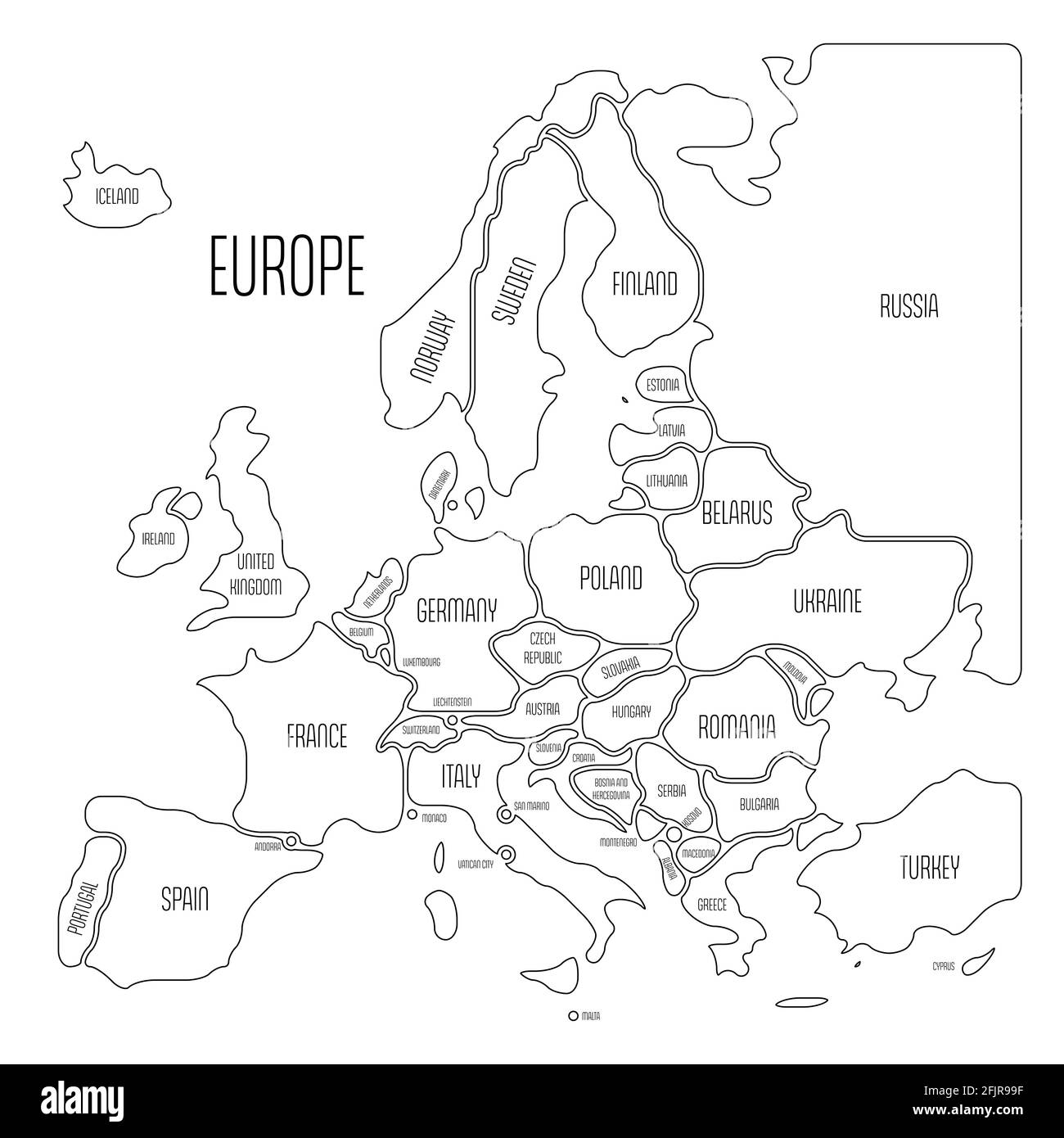 Simplified map of Europe. Rounded shapes of states with smoothed border ...