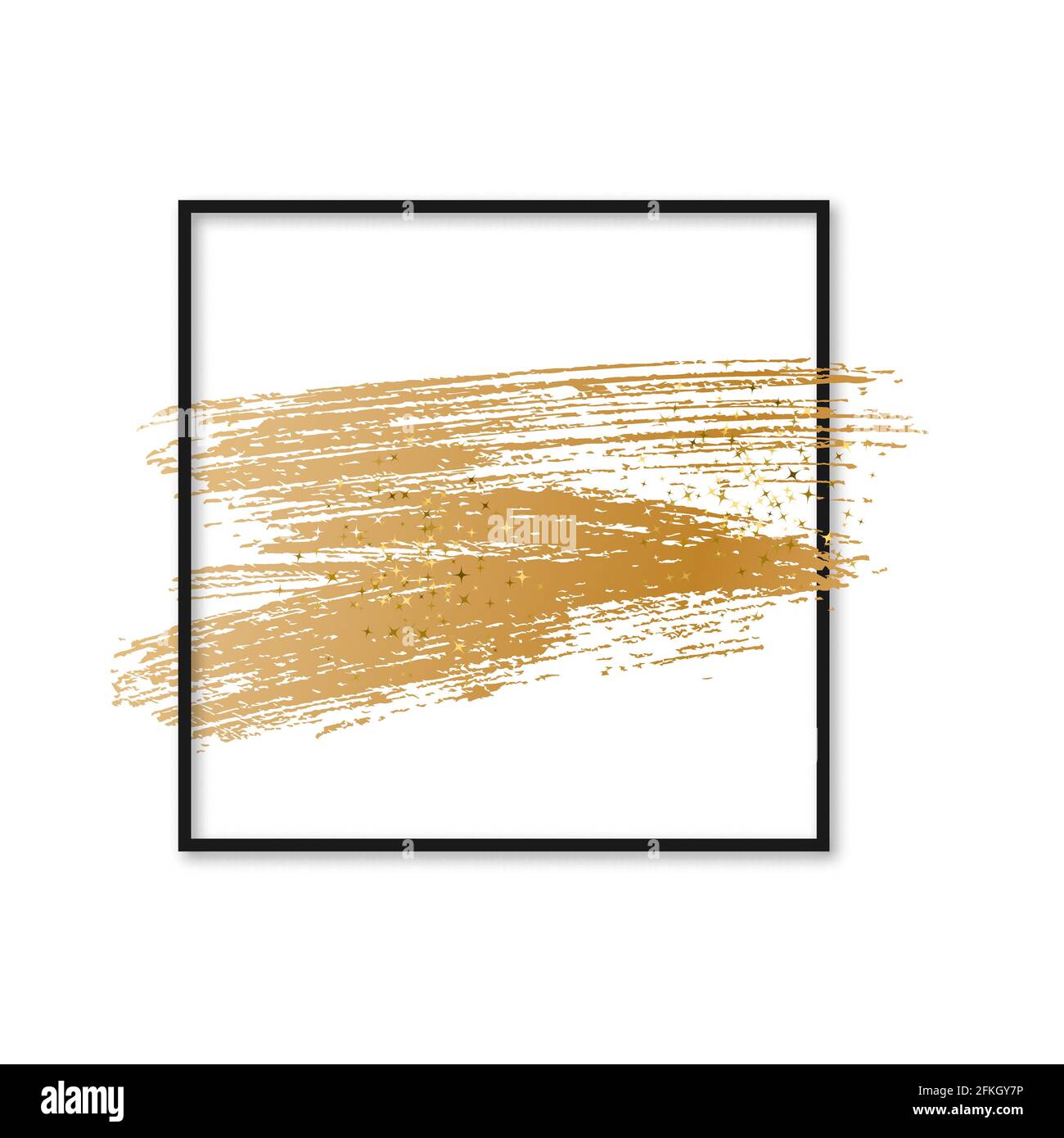 Gold brush stroke with sparkles in black square frame isolated on white ...