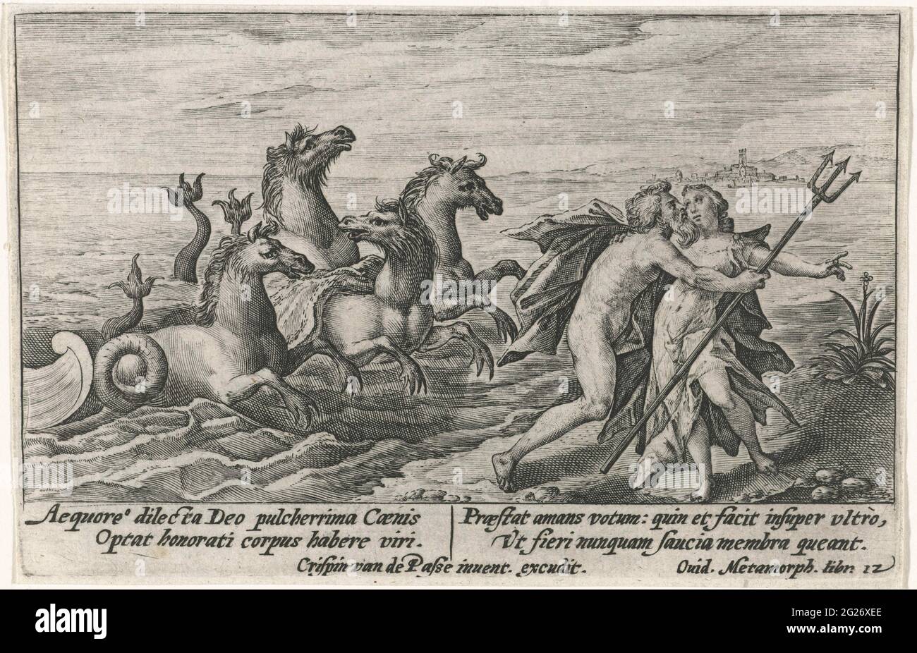 Neptunus surprises Caenis; Metamorphoses from Ovid. The Virgin Caenis