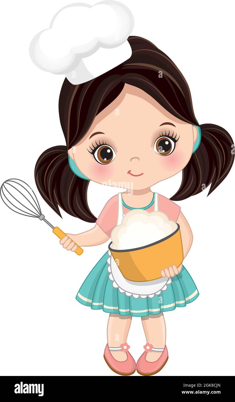 Cute Little Girl Wearing Chef Toque Mixing Flour in Bowl. Vector Cute ...