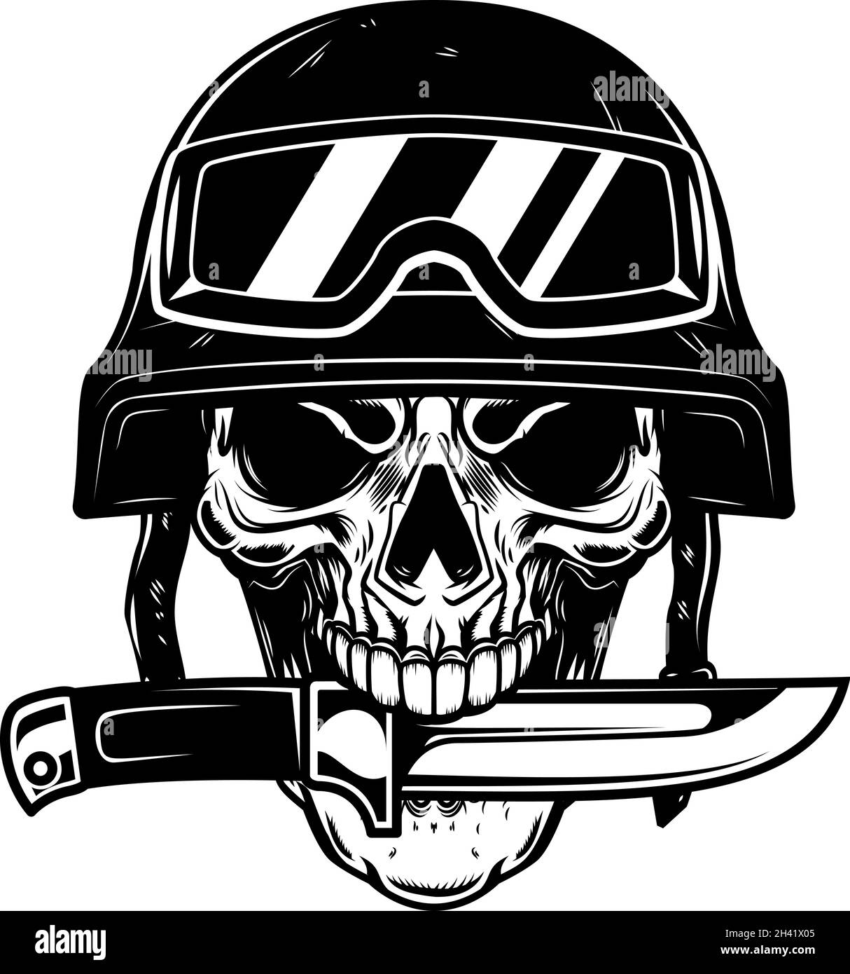 Illustration of skull in military helmet with knife in teeth in ...