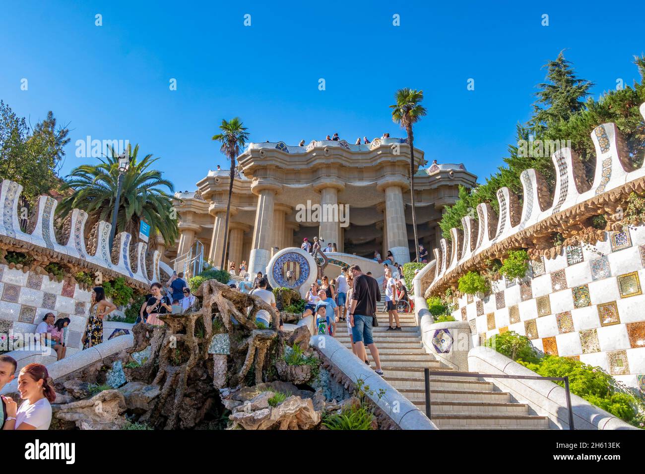 Barcelona, Spain - September 21, 2021: The famous stairs of Parc Güell ...