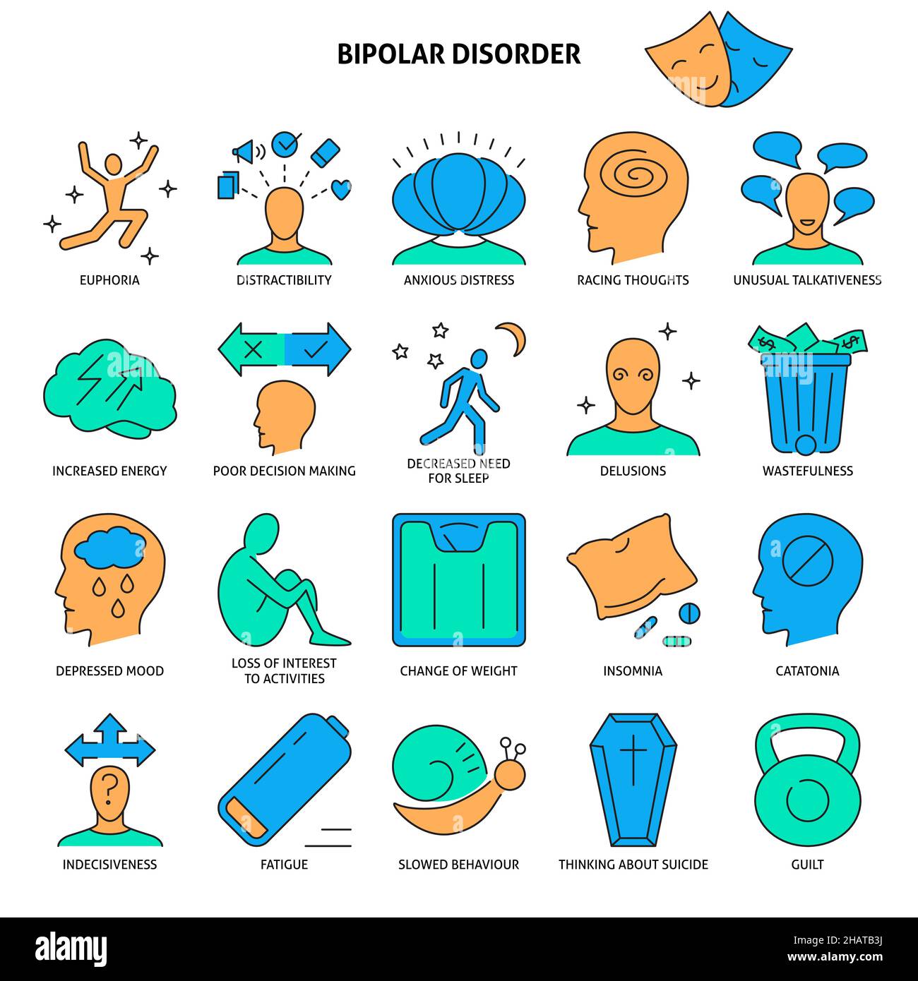 Bipolar disorder icon set in colored line style. Mental illness symbols ...