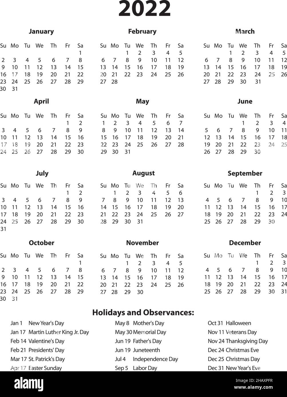 2022 Year Calendar One Page With Holidays Stock Vector Image And Art Alamy