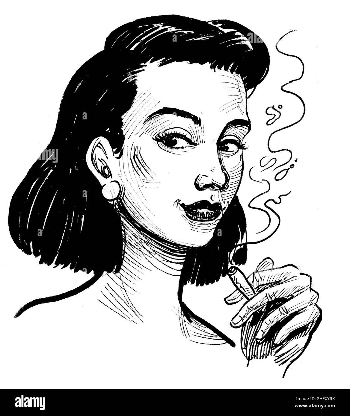 Pretty woman smoking marijuana joint. Ink black and white drawing Stock ...