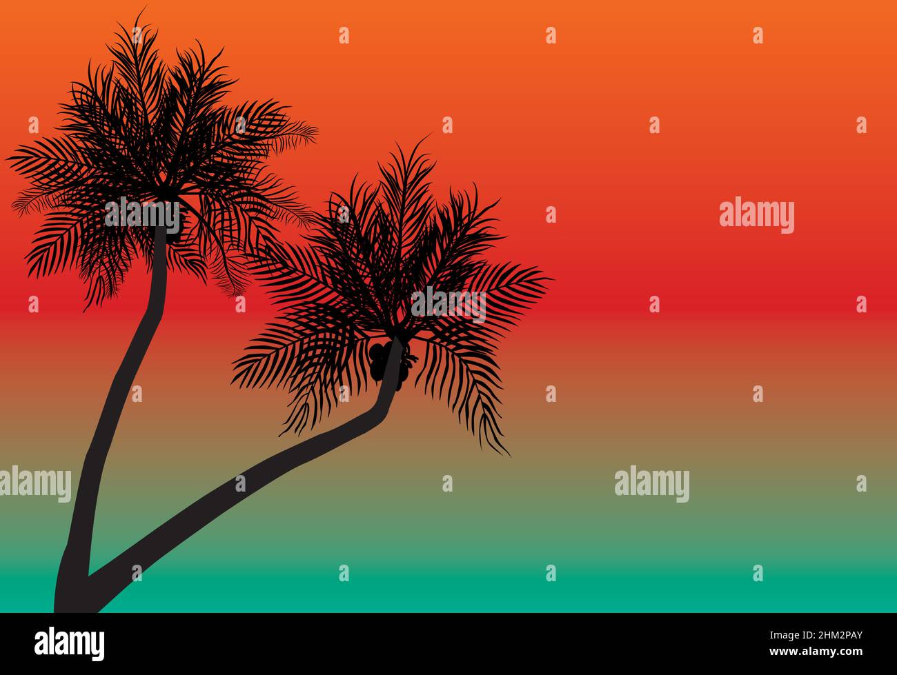 silhouette of two coconut trees with orange and green background Stock ...