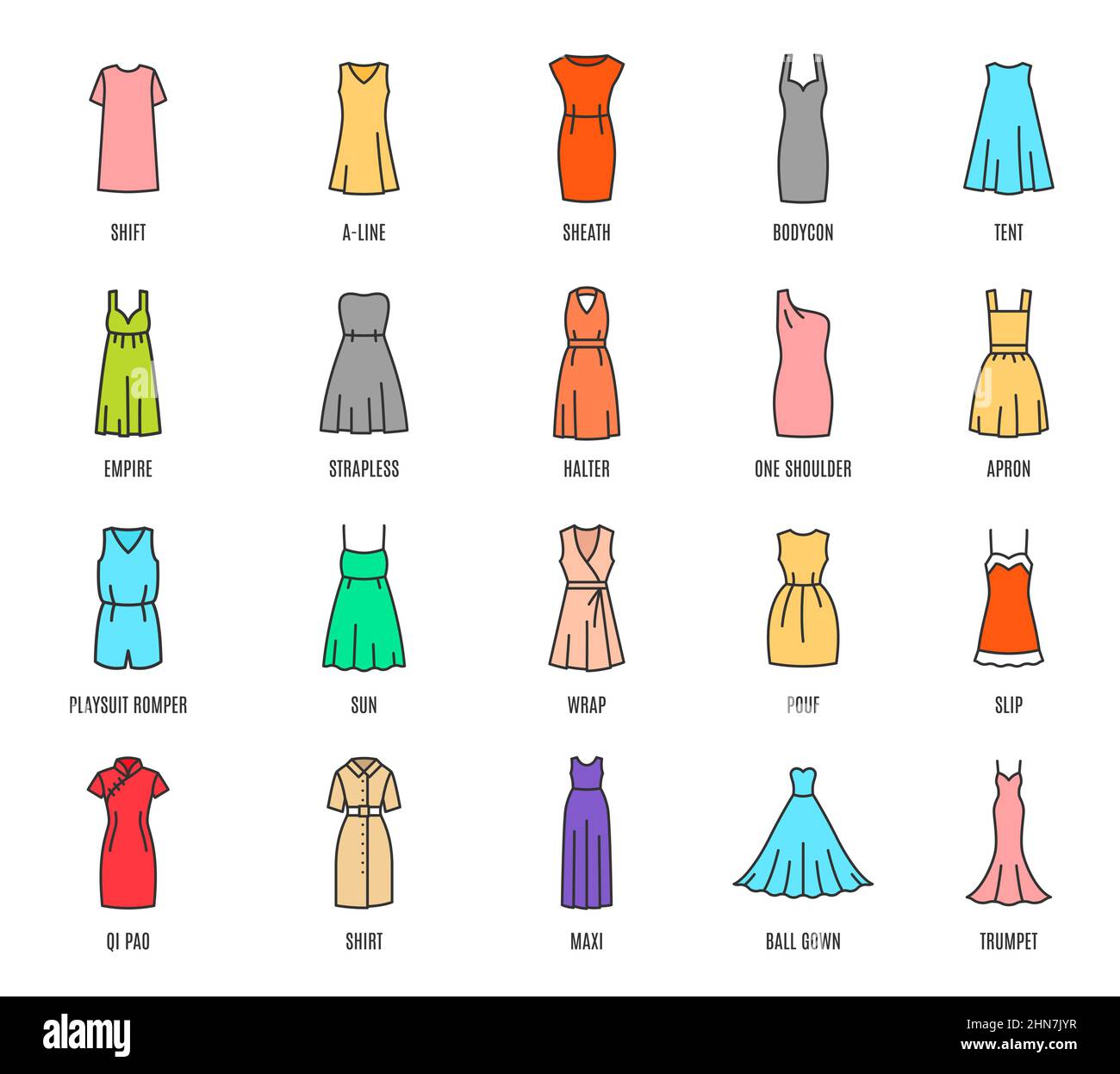 Color Woman Dresses Isolated Icons Female Fashion Clothes Types Vector  Stock Vector by ©Seamartini 547896368