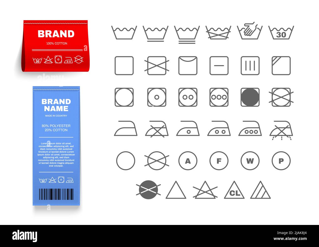 Laundry labels tag realistic set with ironing symbols isolated vector ...