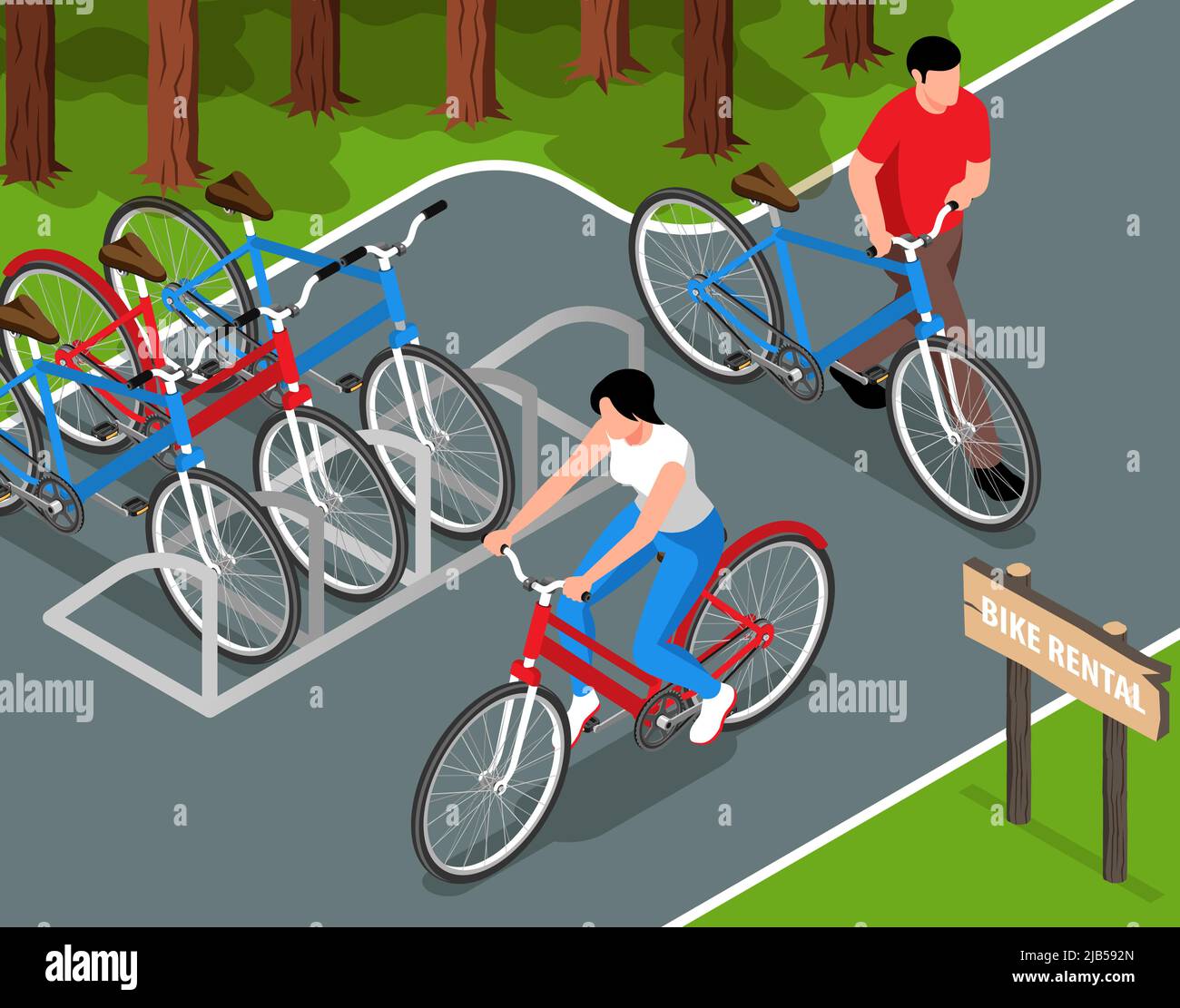 Bike rental isometric vector illustration with some bicycles on city ...