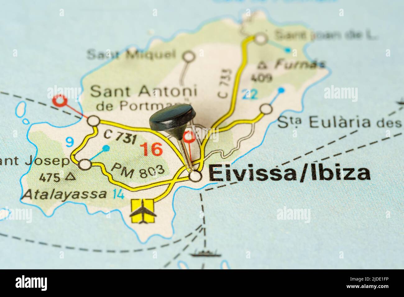 Tourist Destination Of Ibiza With A Pin On A Map Macro Photo 2JDE1FP 