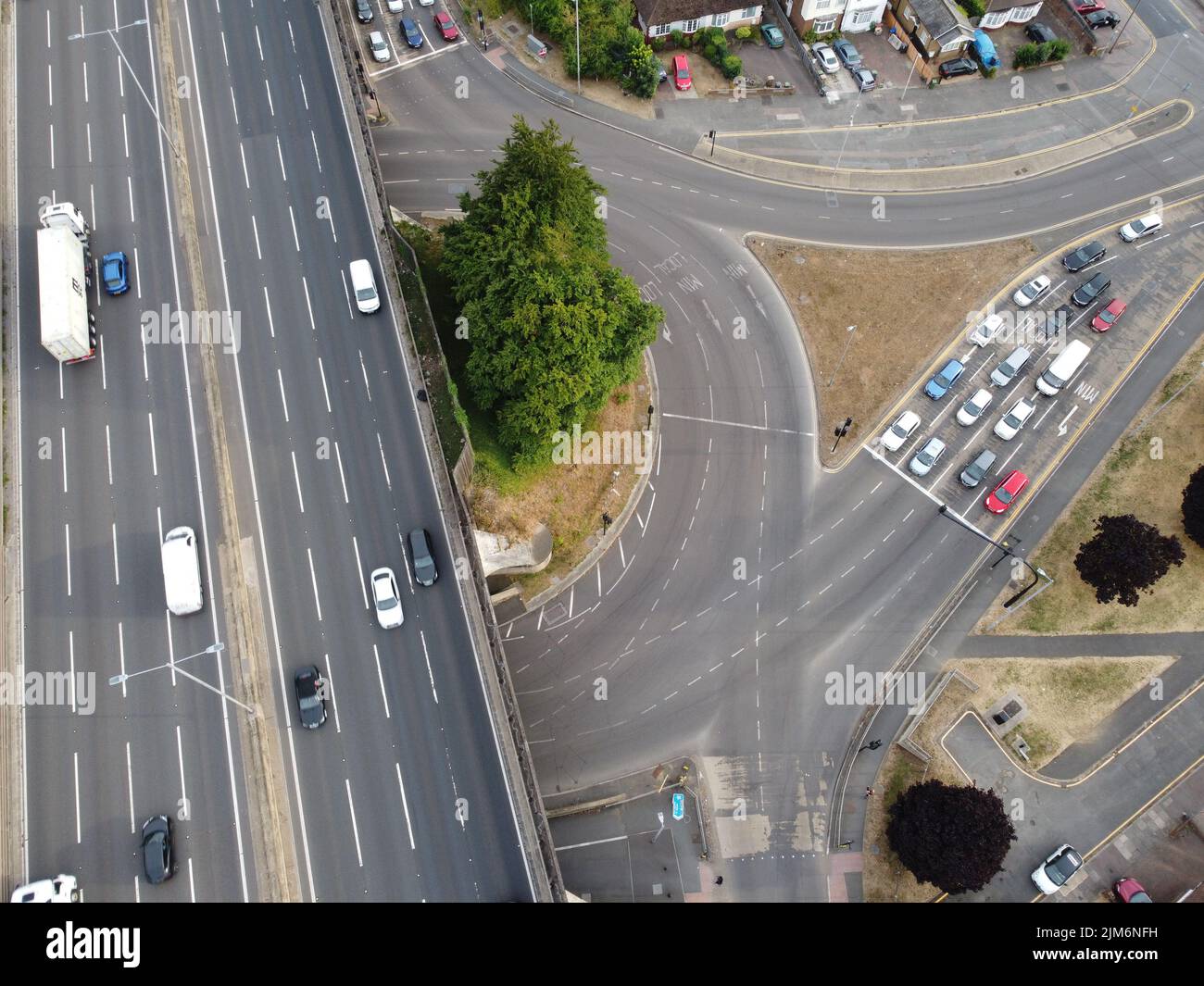 Aerial view of British Motorways M1 Junction 11, The M1 motorway ...