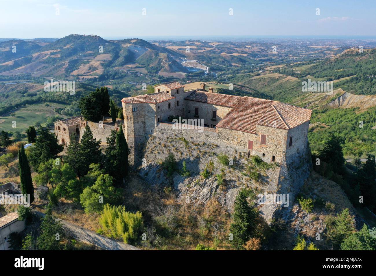 aerial view of Montebello castle also named Azzurrina castle. Poggio ...