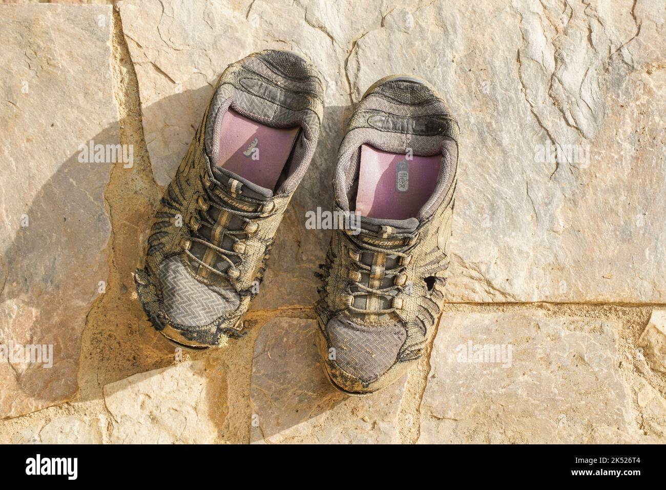 A pair of dirty Skechers footwear used in the garden Stock Photo - Alamy