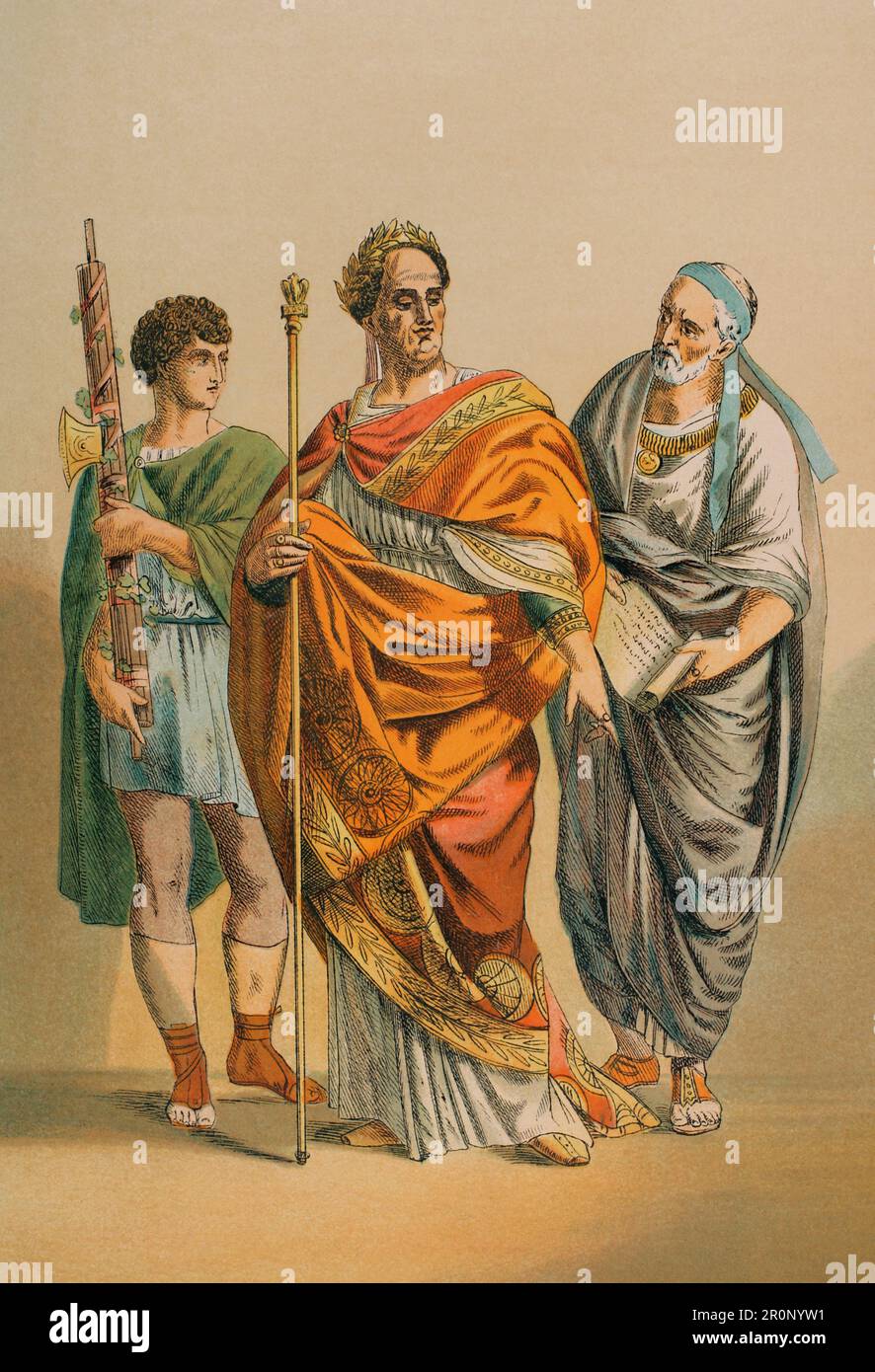 Ancient Rome. Flamen and his assistants. Chromolithography. 