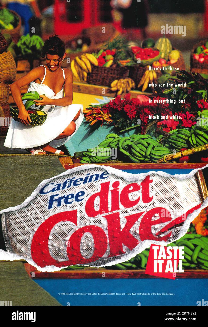 Diet Coke Caffeine Free advert in a magazine 1993. Coca-Cola Taste It ...
