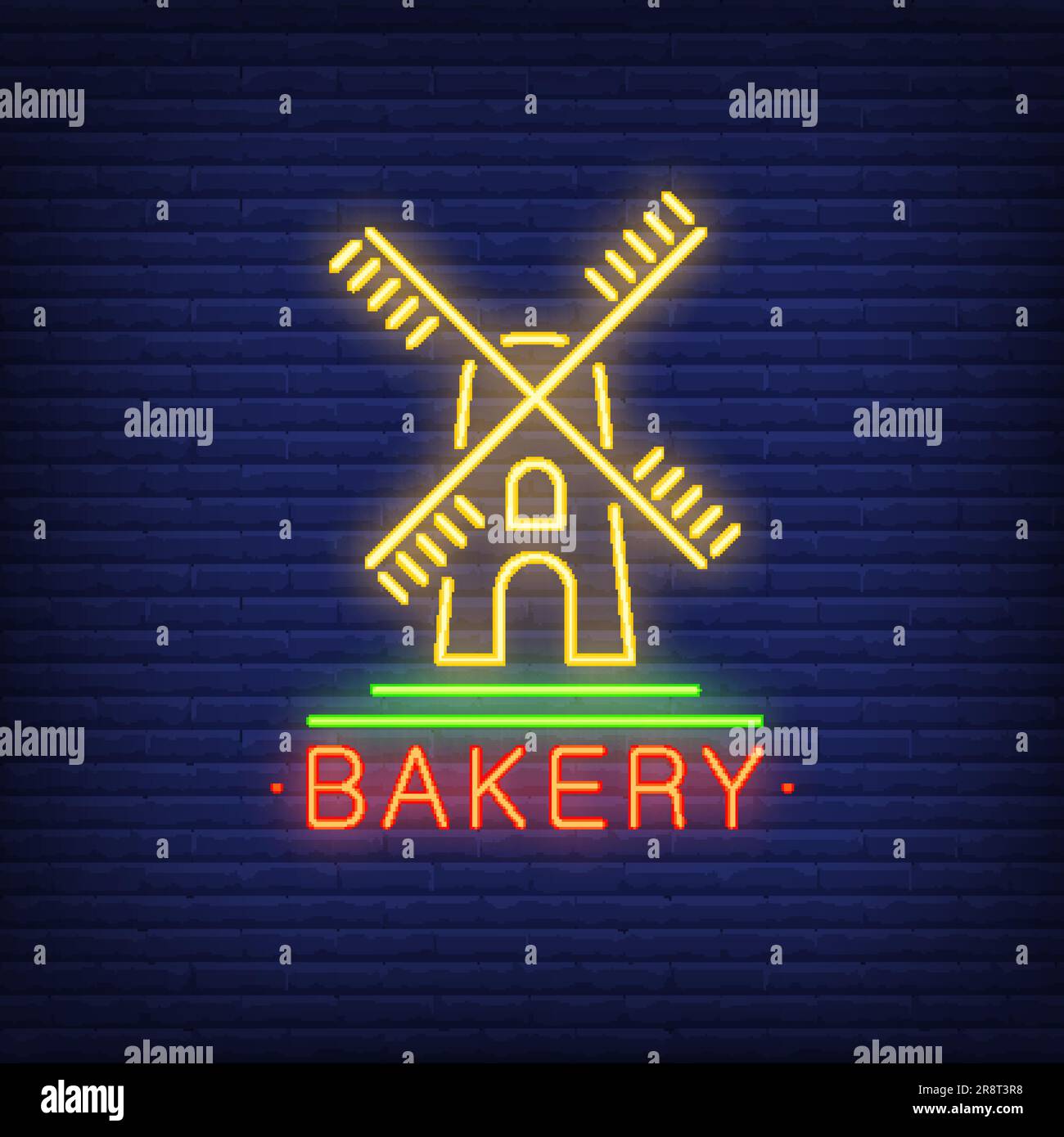 Bakery neon sign. Yellow windmill on brick wall. Night bright ...