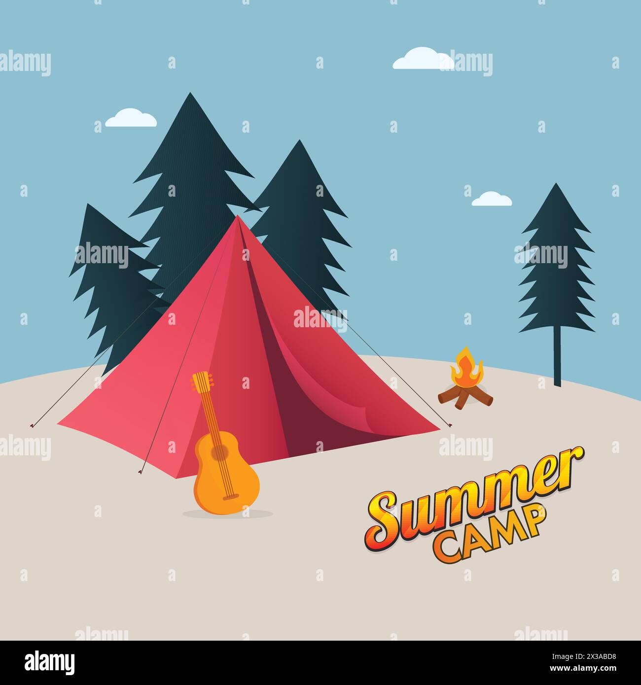 Summer Camp Concept With Red Tent, Guitar, Bonfire, Trees On Blue And ...