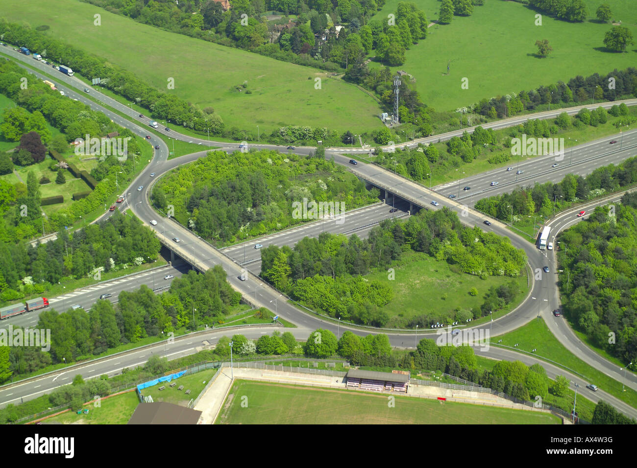 Aerial view of a motorway junction where the M40 junction meets the ...
