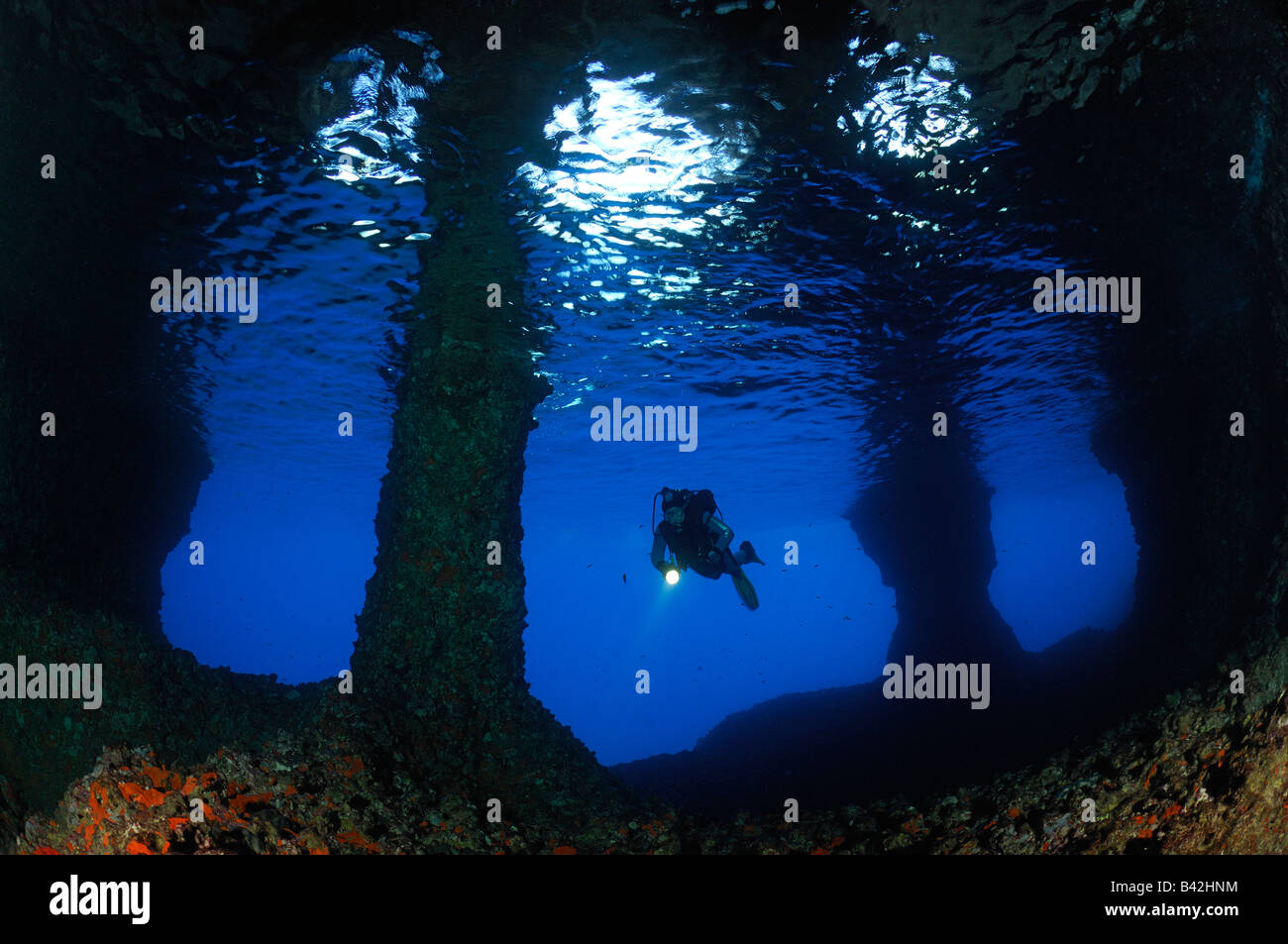 Diver inUnderwater Cave Bili Rat Vis Island Adriatic Sea Croatia Stock ...