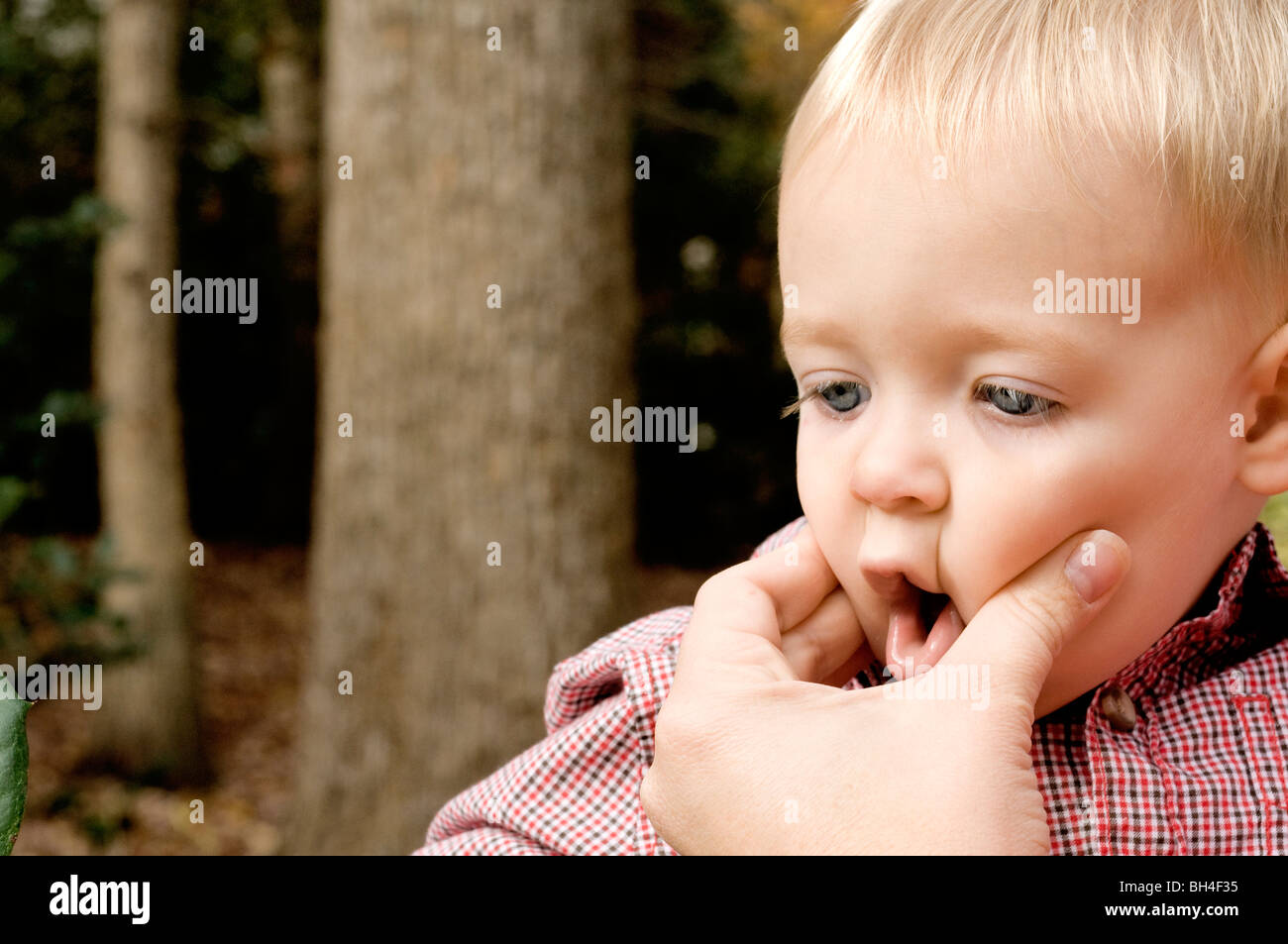 Mother Pinching Her Sons Cheeks Stock Photo Alamy