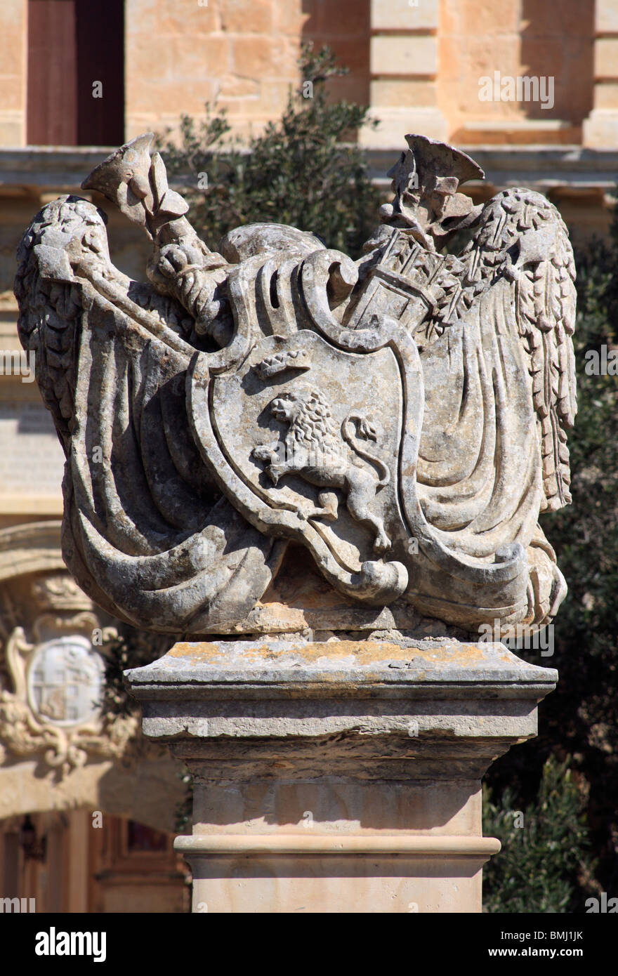 Mdina, Malta. The arms and crest showing a lion and crown on a shield ...