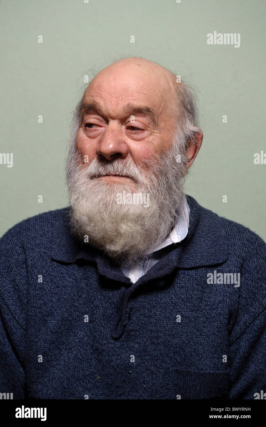 Isolated Portrait Of Caucasian Bald Old Man With Long White Beard Stock