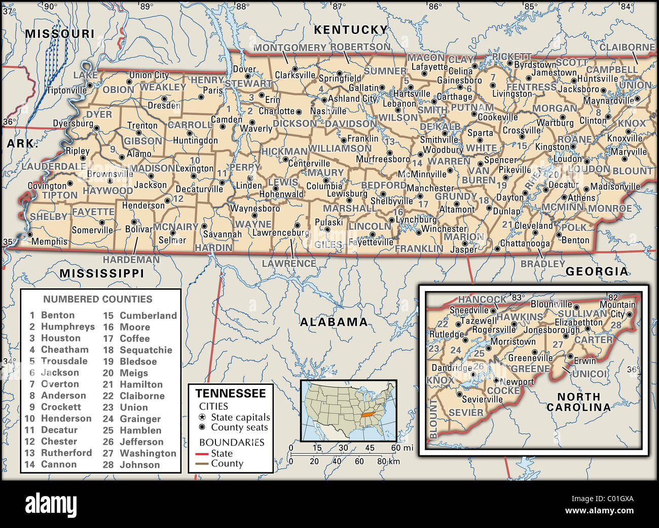 Political map of Tennessee Stock Photo - Alamy